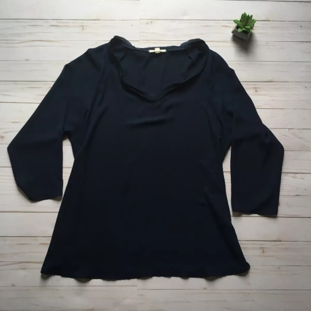 Pleione Large Navy Sheer 3/4 Sleeve Top
